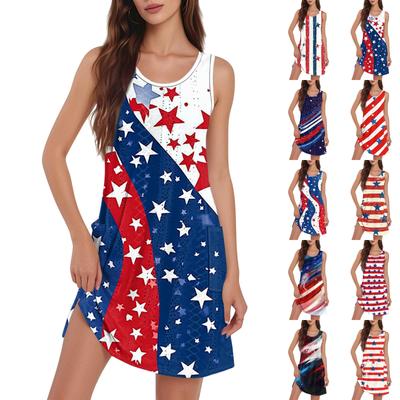 Women's Casual Fashion Breathable Independence Day Printed Pocket Hem Slit Vest Dress
