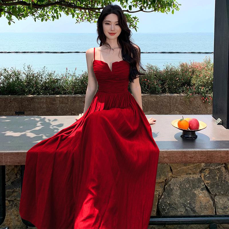 Hollow strap halter suspender dress sexy V-neck waist hollowed seaside vacation split long dress