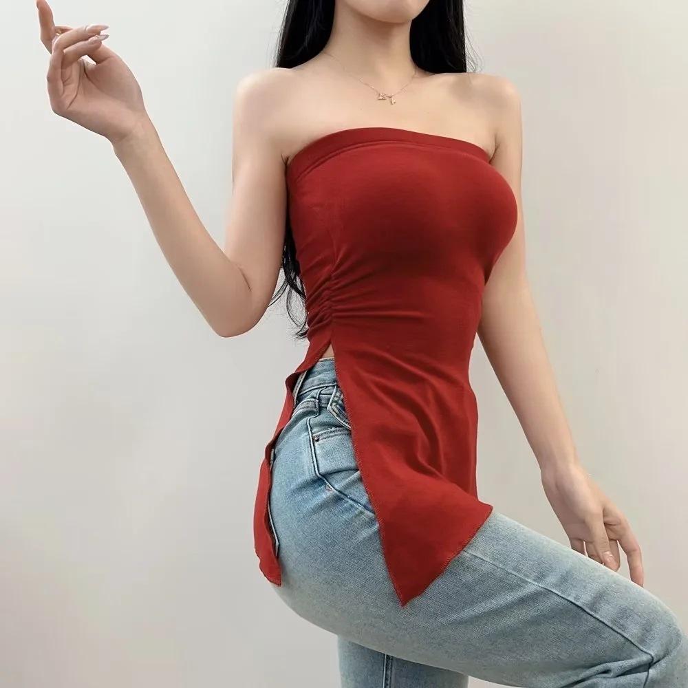 Irregular Slit Padded Bandeau Summer Top with Ruched Waist