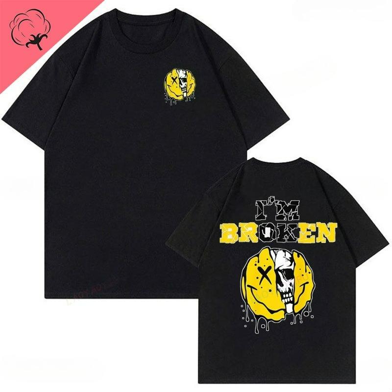 High Quality Vintage Im Broken Skull 2 Sides Invisible Disease I'm OK Broken Men's Alphabet Printed Cotton Unisex T-Shirt