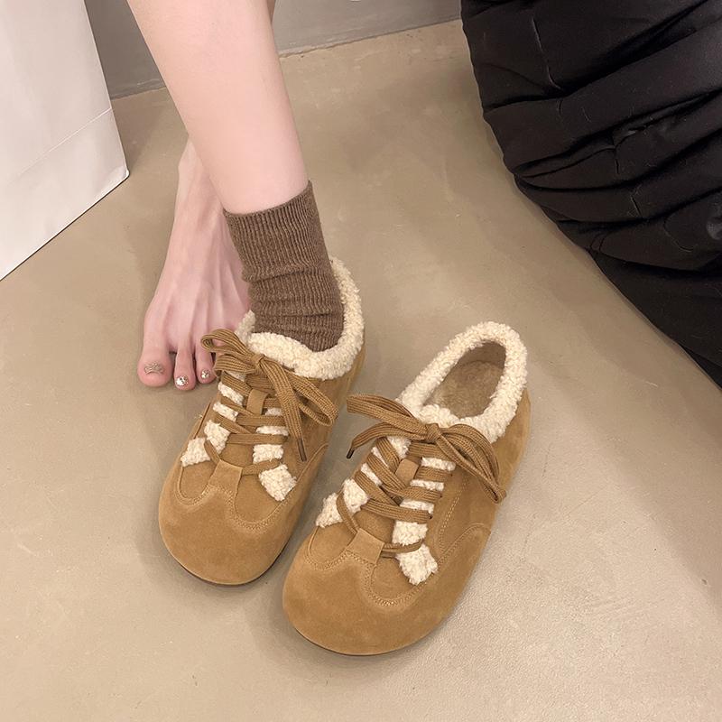 Women's Flat Cotton Boots Winter New Round Head Suede Front Lacing Soft Soles Non-slip Low-top Shoes