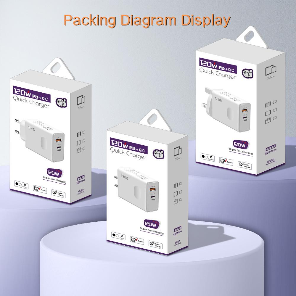 120W Super Fast Charge PD+USB Universal Mobile Phone Charger with EU/US/UK Plug