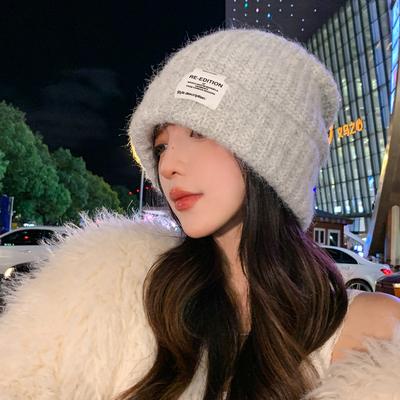 Autumn and Winter Hats Women's Fashion Labeling Knitted Wool Hats Winter Warm Big Head Circumference Ear Hats