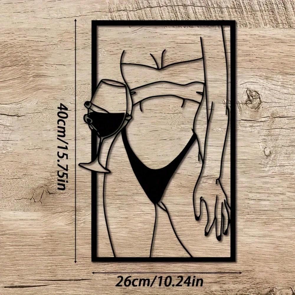 1 Piece Of Metal Wall Art Featuring A Woman And Wine - With A Black Silhouette Design