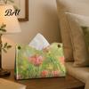 Kitchen Paper Organizer Leather Tissue Box Cover with Oil Painting Pattern, Foldable Desktop Organizer, Napkin Holder Sturdy Case, Facial Dispenser,