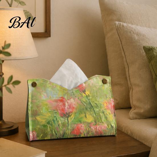Kitchen Paper Organizer Leather Tissue Box Cover with Oil Painting Pattern, Foldable Desktop Organizer, Napkin Holder Sturdy Case, Facial Dispenser,