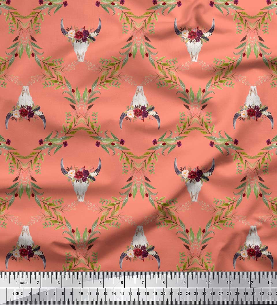 

Soimoi біла японська креп-атласна тканина з квітковим орнаментом і дамаським принтом з головою черепа корови на метр 42 дюйма 42 Inch Wide - Poly Crepe помаранчевий