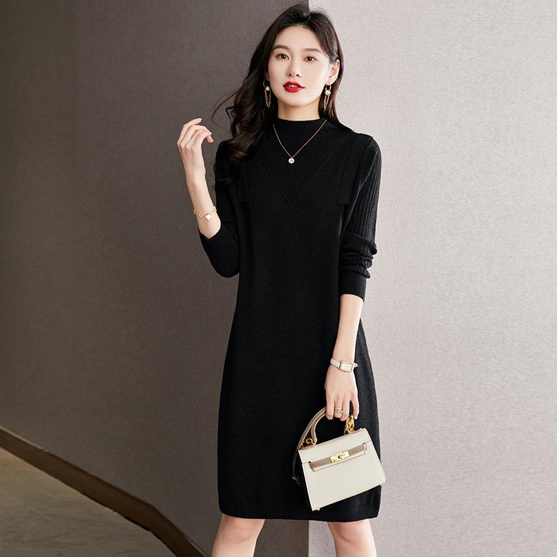 With coat sweater skirt women's autumn and winter wear knitted dress semi-turtleneck medium and long inner bottoming shirt