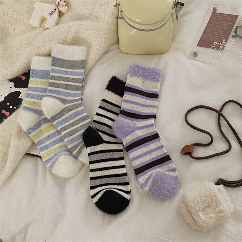 3Pairs Furry Striped Mid-calf Socks Sweet Women's Stockings Soft Winter Plush Socks  Autumn