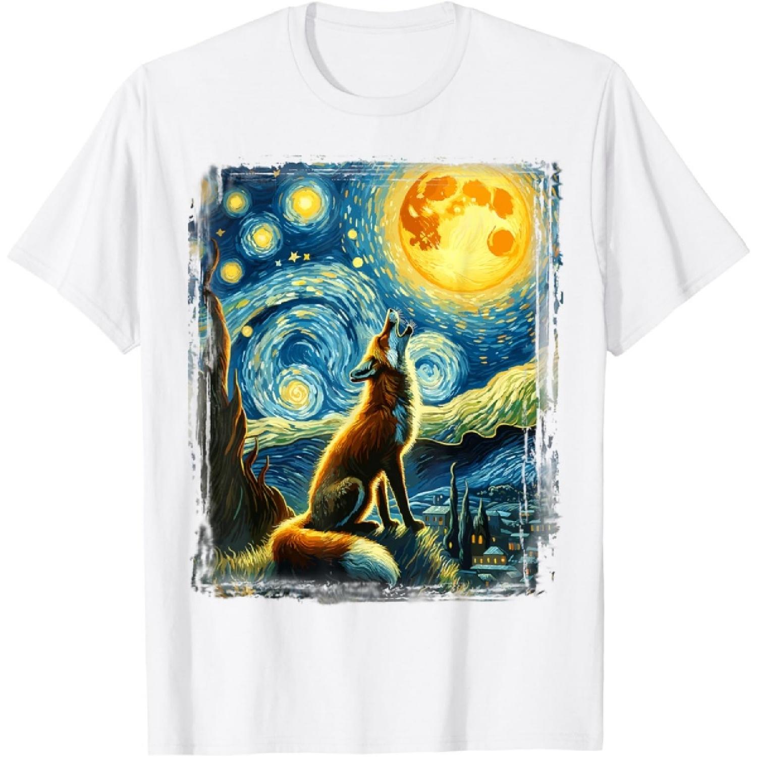 Fox Star Gazer - Artistic Van Gogh Style Starry Night Fox T-Shirt(1) S