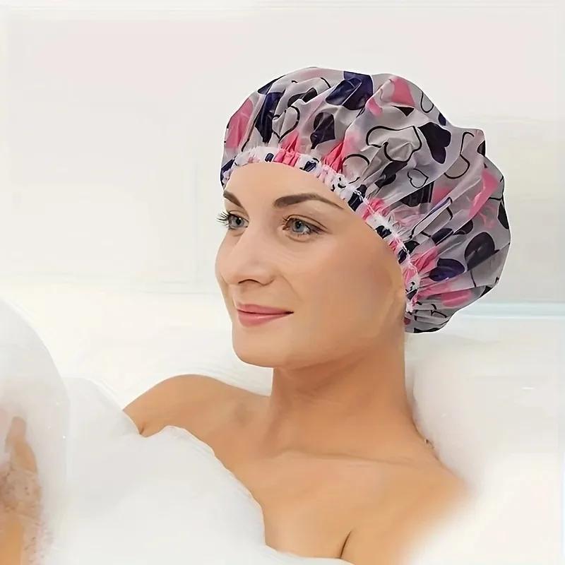 1PC Reusable PE Shower Cap - Adjustable Printed Design with Elastic Band for Spa Salon & Kitchen Oil Fume Protection Shower Cap