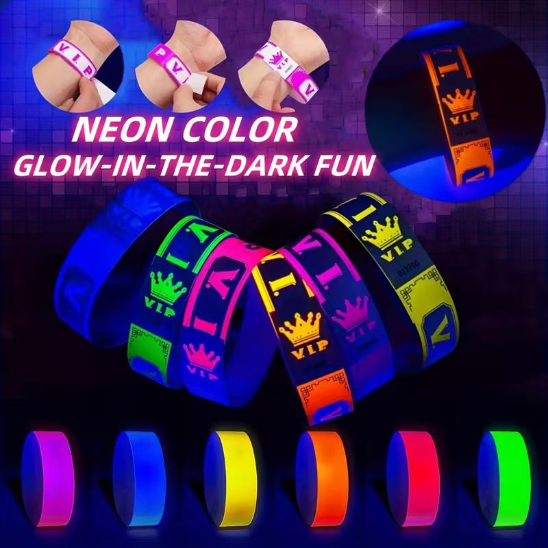 100Pcs Vip Neon Paper Bracelets Fluorescent Waterproof Disposable Bracelets Tamper-Proof For Parties, Music Festivals & Events