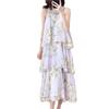 French purple floral neck cake skirt women's summer vacation style design sense niche medium and long sleeveless dress