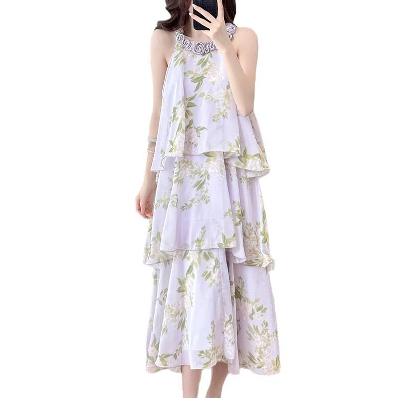 French purple floral neck cake skirt women's summer vacation style design sense niche medium and long sleeveless dress