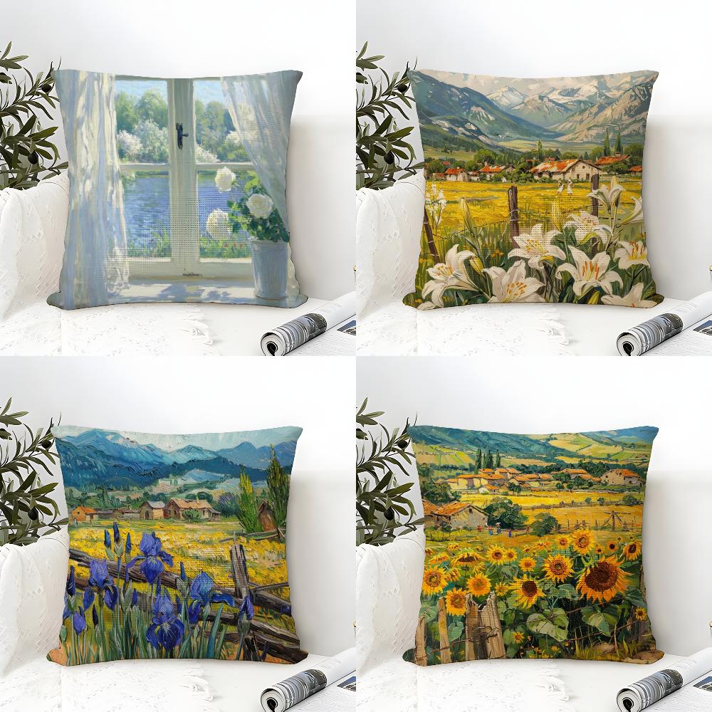 Beautiful Landscape Painting Style Linen Cushion Covers For Decorative Sofa Home Pillows Case Car Chair Pillows Cases
