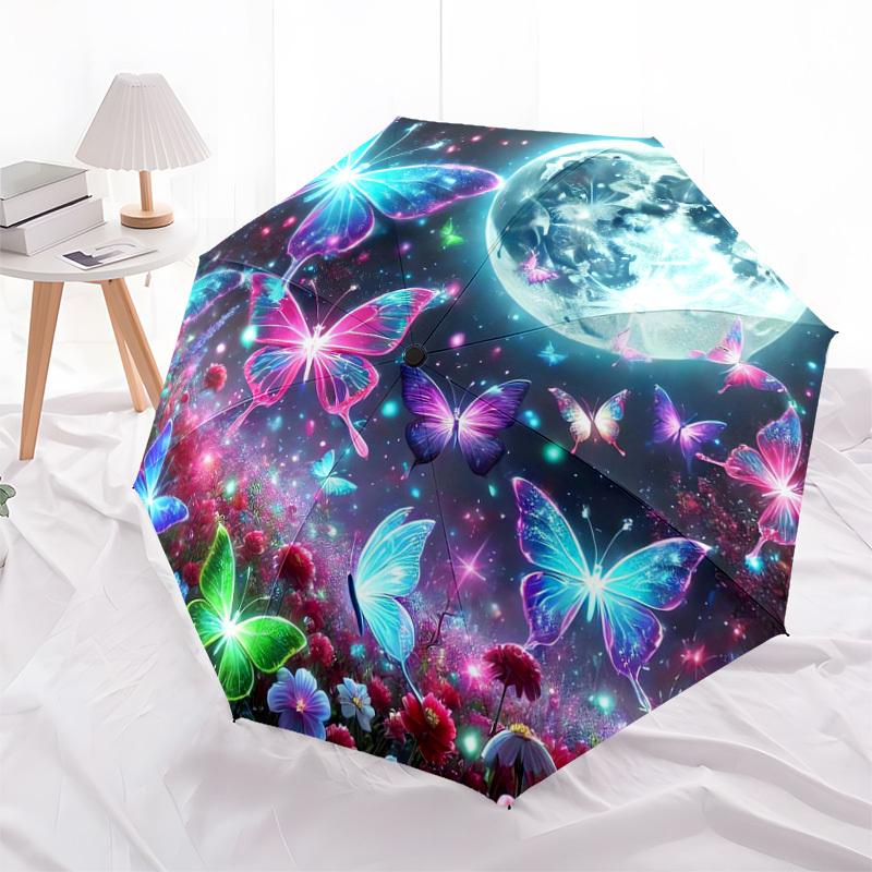 1pc Enchanted Night Garden with Butterflies and Moon Umbrella with Plastic Handle,Suitable for All Seasons Home Travel Outdoor UmbrellaDD1531