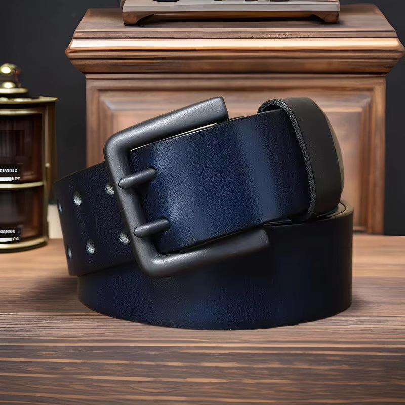 Heren Retro Jeugd Echt Leer Riem - 4,3CM Breed, Dubbele Gesp, Veelzijdig Koeienhuid Tailleband