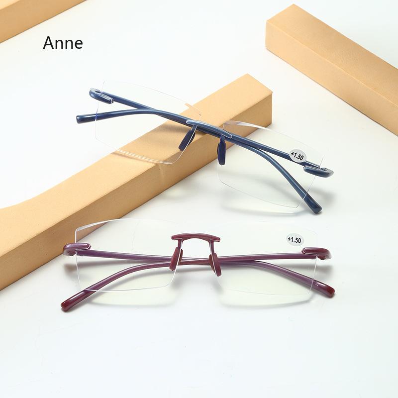 Men's Anti Blue Light Blocking Reading Glasses Cut Frameless Metal HD Lens Eyewear Women Prescription Presbyopic Glasses +400