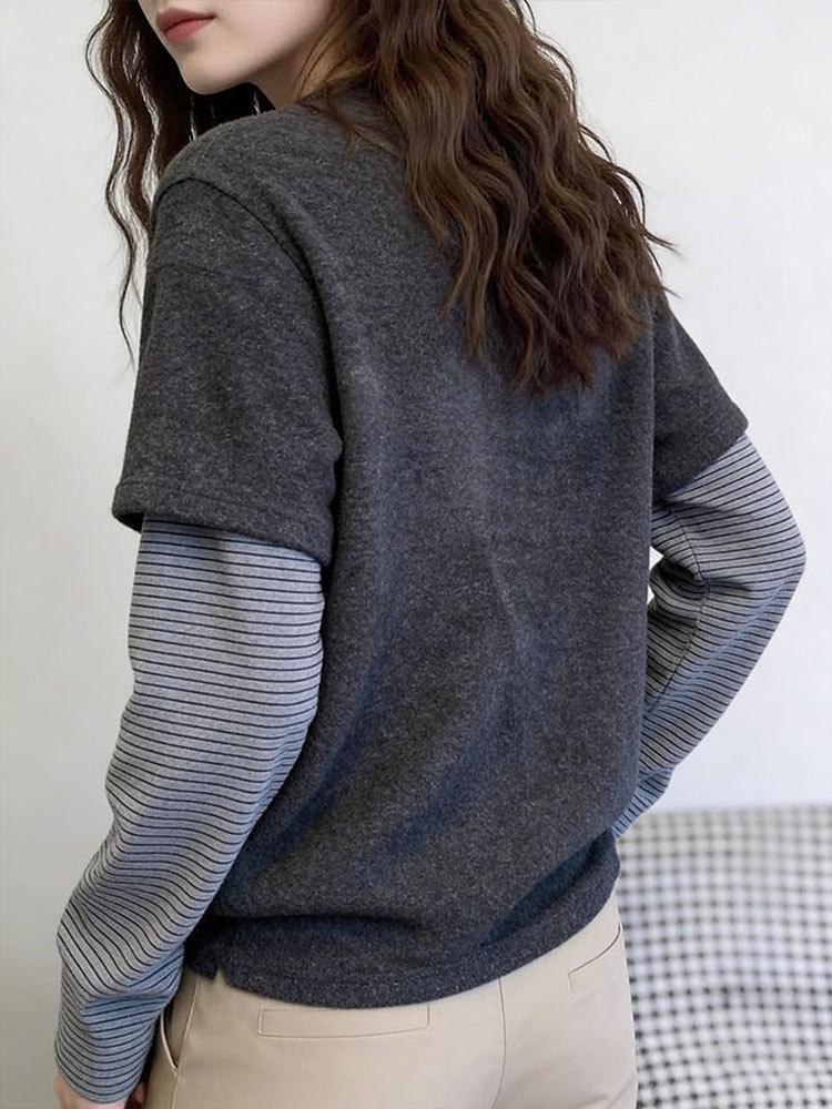 Women's Brushed Stripe Two-in-One Long-Sleeve T-Shirt: Thick, Warm, Versatile Base Layer for Autumn/Winter Fashion