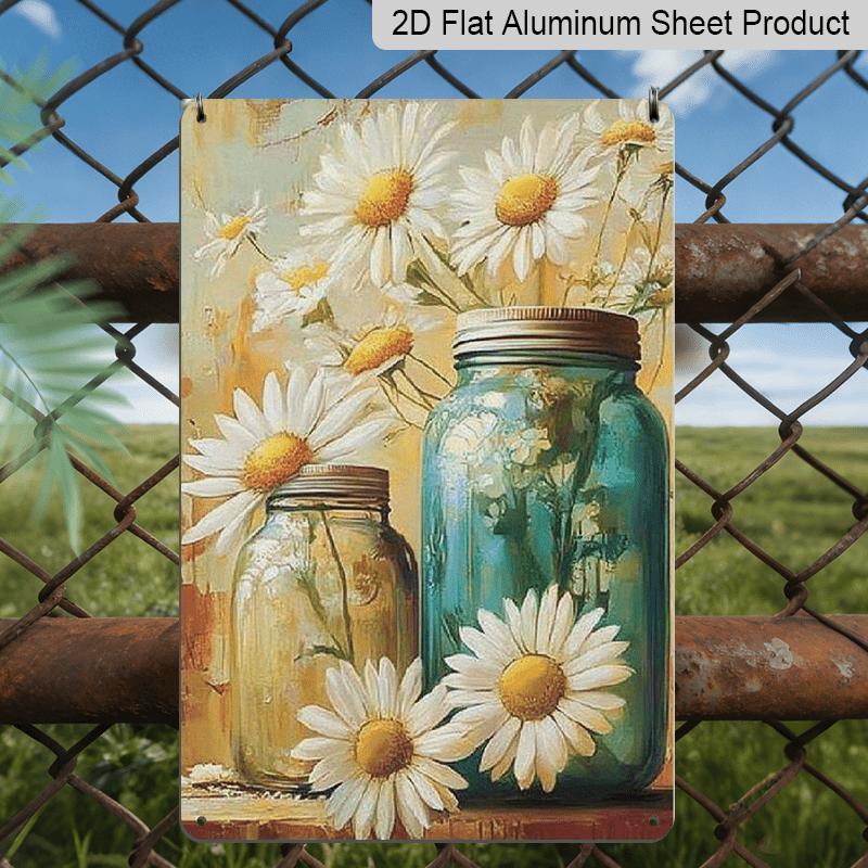 2D Flat Rustic Vintage Daisy Flowers Metal Tin Sign in Mason Jar, 8x12 Inches – Farmhouse Wall Art for Kitchen, Pantry, Living Room, Perfect for