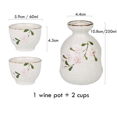 Sakura Wine Set Japanese Sake Set Ceramic Flagon Wine Pot with Drinking Cup Bar Soju Set (1 Pot + 2 Cups)