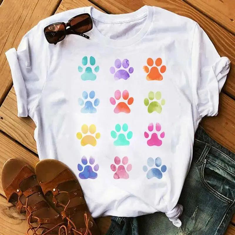 Cartoon Colorful Heart Dog Paw Graphic Print Unisex T Shirt 90s Fashion Casual Women Unisex Short Sleeve Plus Size Unisex T Shirt Unisex