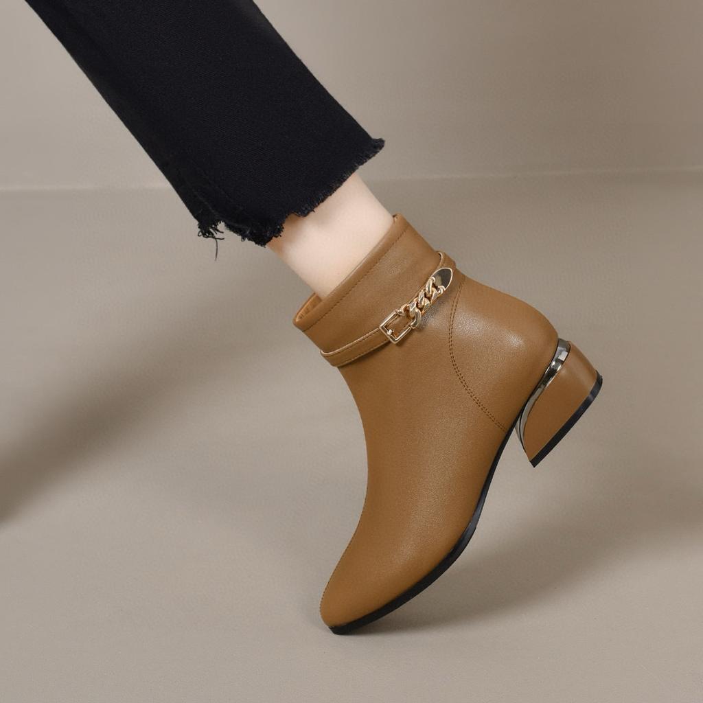 Pointed short boots women's autumn and winter metal buckle low-heeled cotton boots simple temperament fashion boots women's flat boots