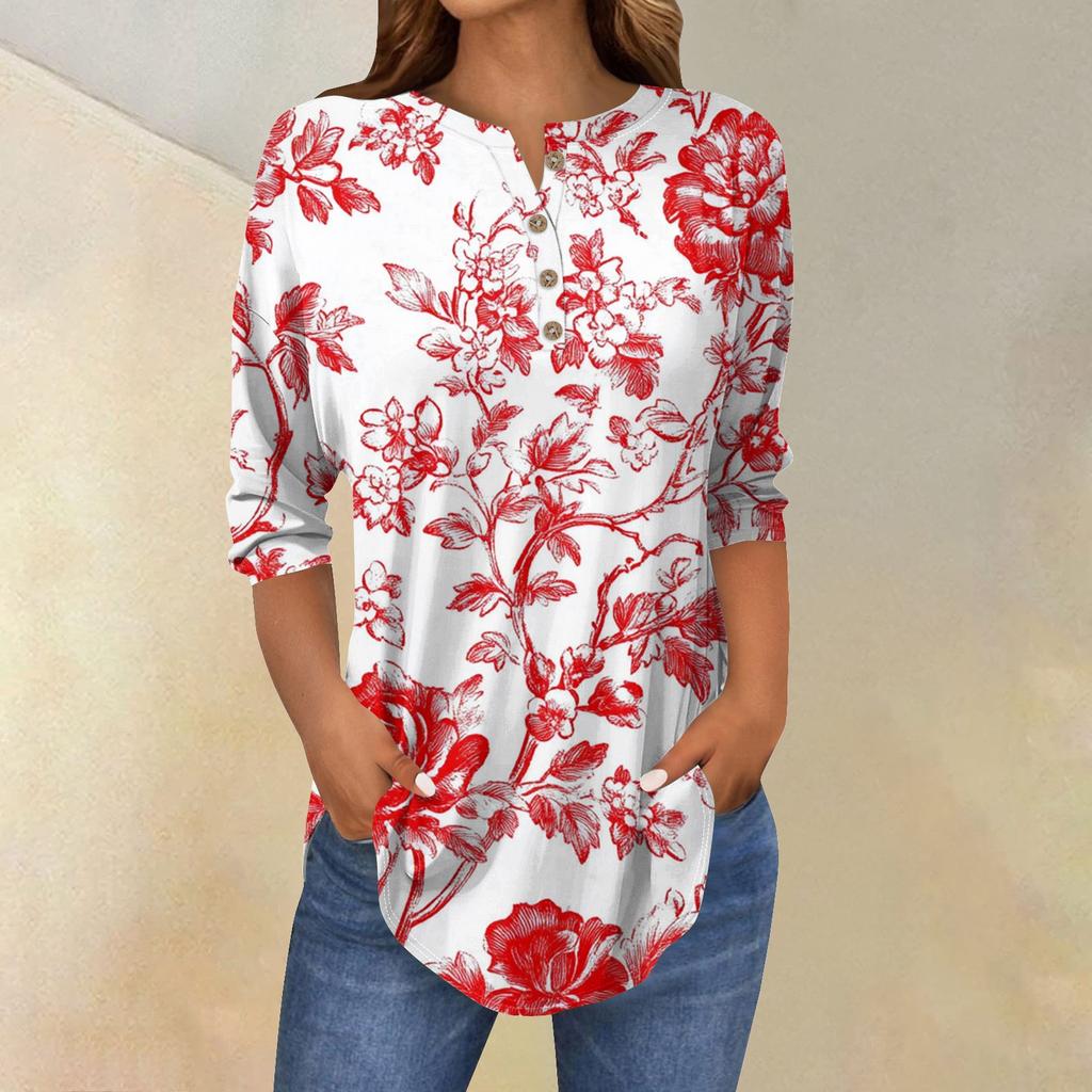 Damenmode Lässig Dreiviertelärmel Blumendruck Rundhals T-Shirt Top