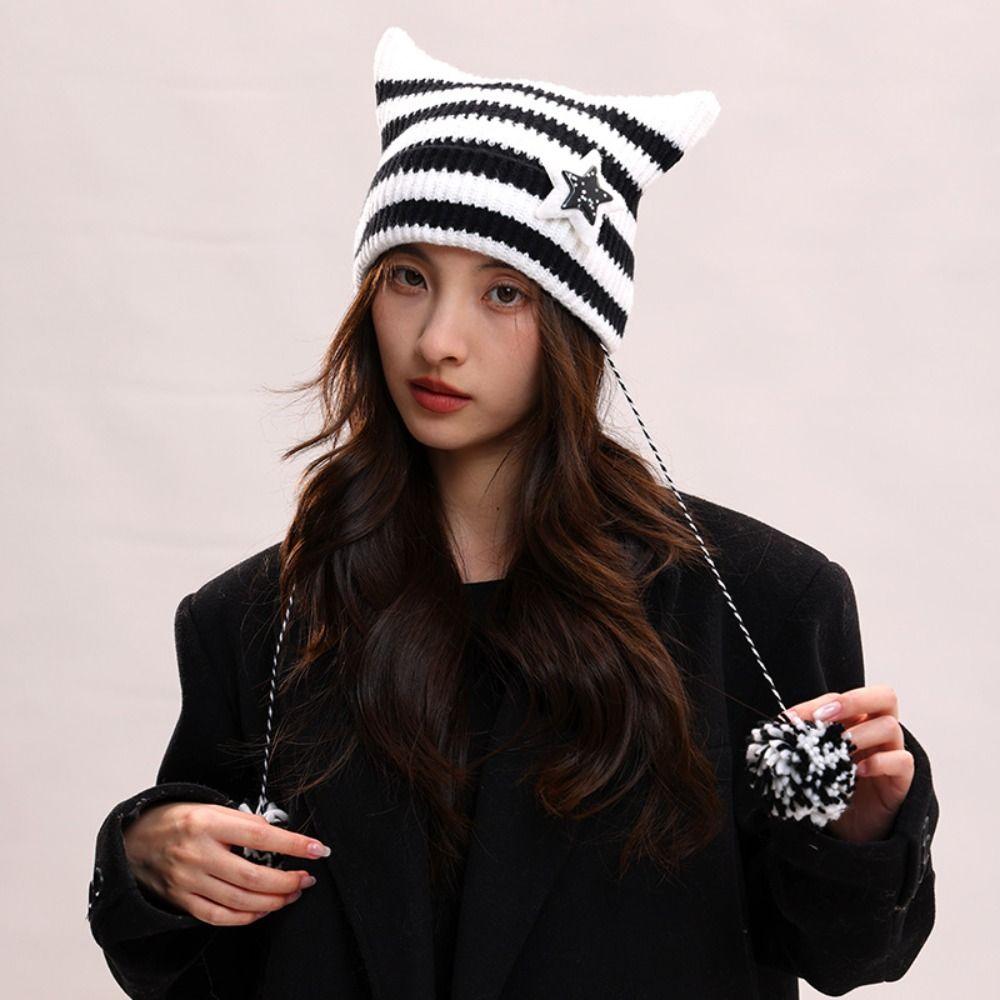 Y2K Cat's Ears Knitted Hat Star Woolen Hat Cute Warm Cap  Women