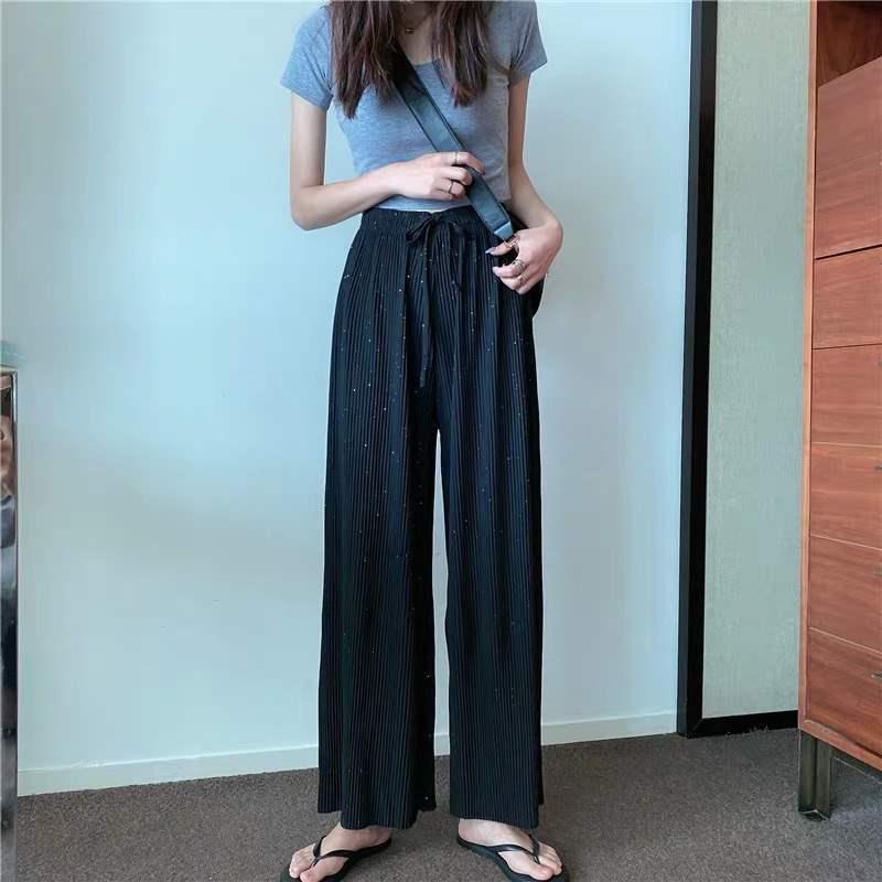Women's Summer High-Waisted Chiffon Glitter Wide-Leg Pleated Ice Silk Pants