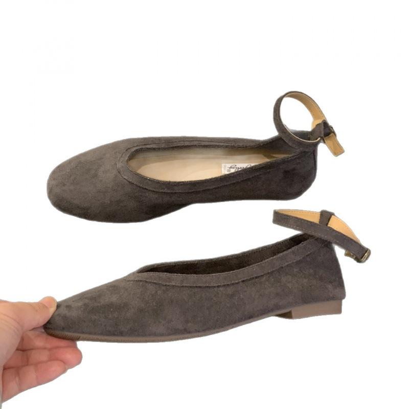 Retro Suede Round Head Shallow Mouth Ladyshoes Single Shoes Women's 2025 Spring and Autumn New Soft-soled Ankle Buckle with Mary Jane Boat Shoes