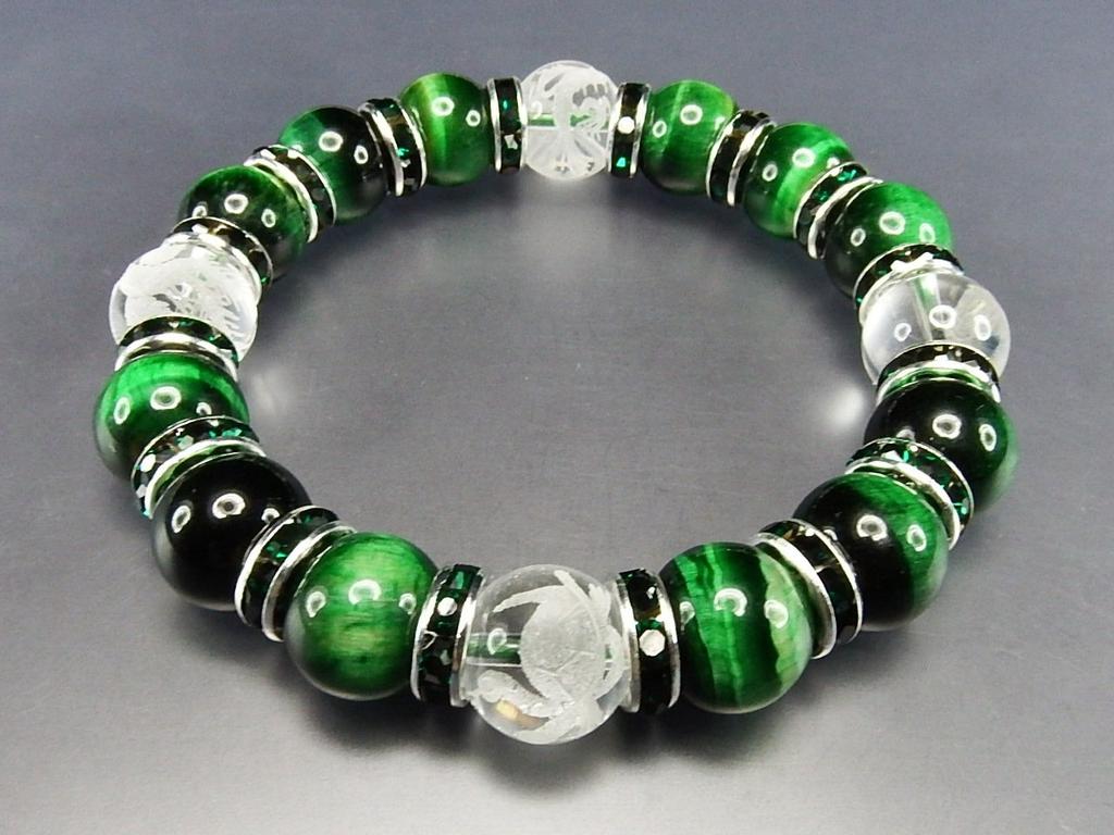 isigaii Natural Green Tiger Eye Crystal Hand-Carved Four Gods Rondelle Bracelet, Approx. 12mm, Power Stone