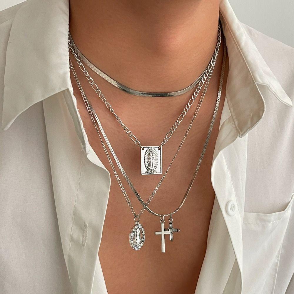 Love Bowknot Multilayer Pendant Necklace Punk Y2K Metal Necklace Unique Beaded Necklace  Women