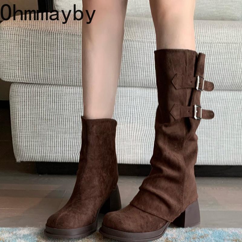 Retro Women Trouser Legs Removable Belt Buckle Autumn Winter Thick Heel Ladies Elegant Long Booties for Adult Women