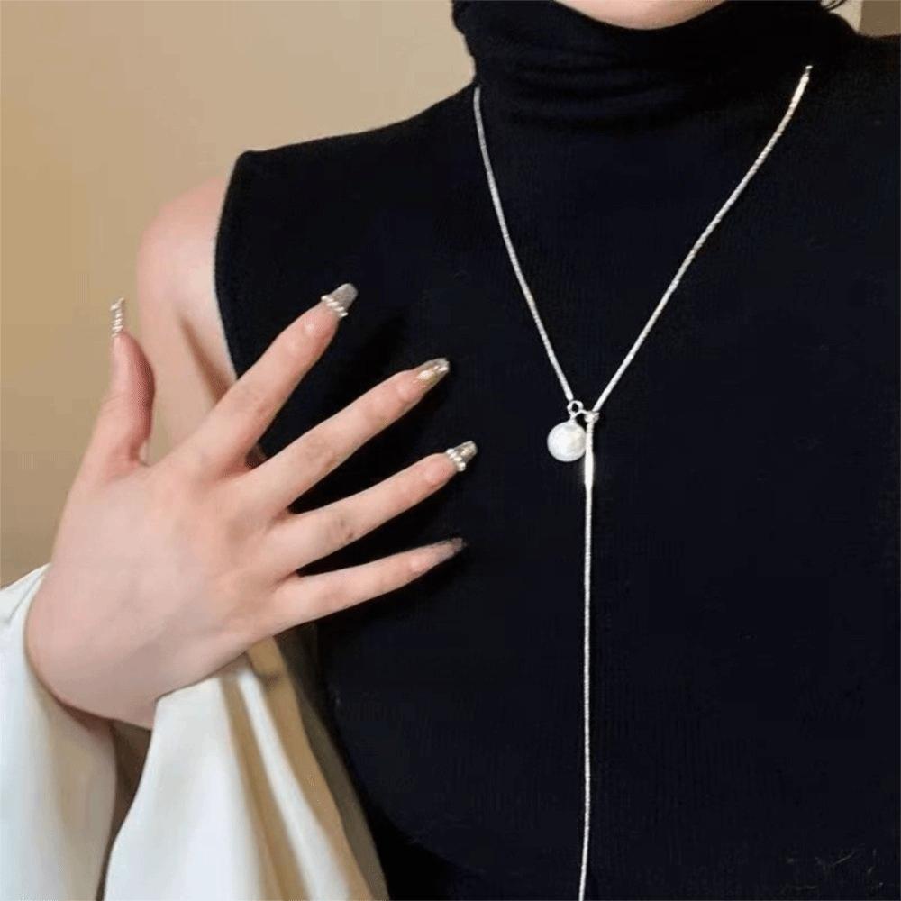 New Silver Color Thin Chain Necklace Tassel Charm Pendant Necklace Oval Pendant Sweater Chain Women