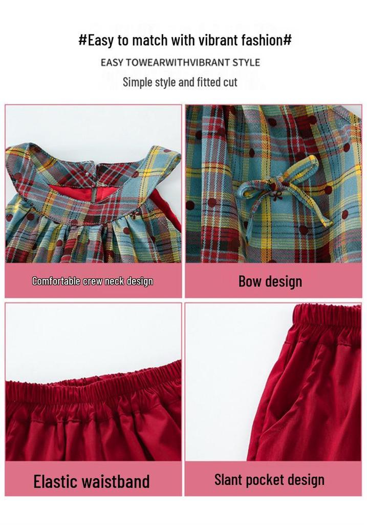 Girls' Summer Plaid Polka Dot Suspender Outfit - Sleeveless Ruffled Top & Wide-Leg Pants, Two-Piece Set for Kids