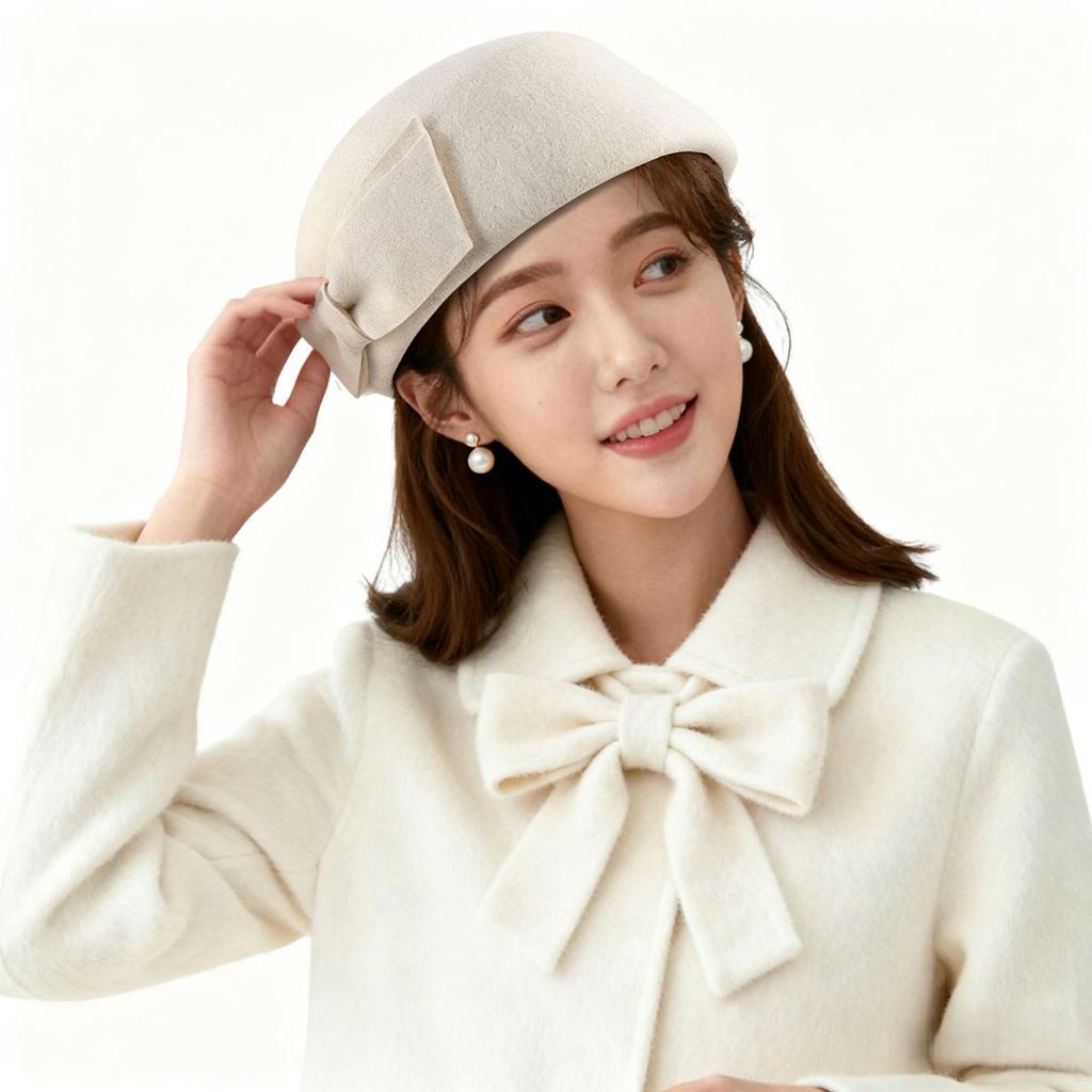 Kleiner frischer dreidimensionaler Schleifen-Woll-Barett~ Herbst- und Winter-Damen-High-End-Filz-Zylinder
