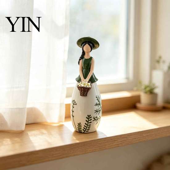 Decorative Vase for Dried Flowers Nordic Style Resin Girl Figurine with Flower Basket, Creative Desktop Ornament Soft Furnishings Home Decor,