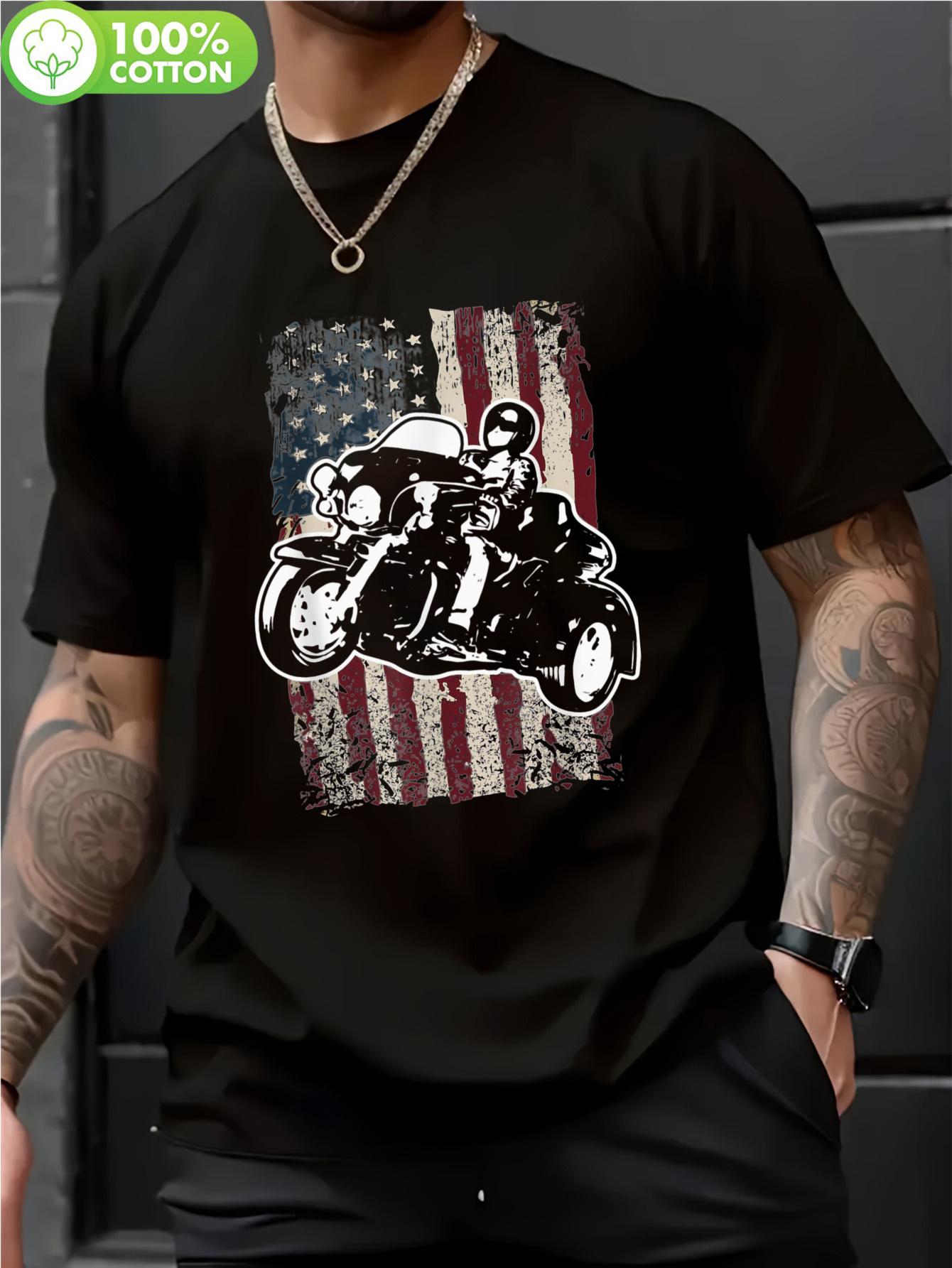 Allseason Apparel Classic American Flag Motorcycle T-shirt - Black with Stars & Stripes Design XXXXL