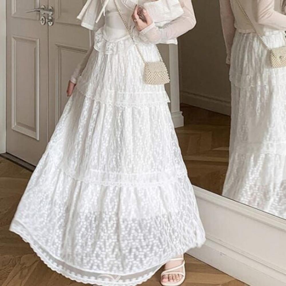 Navava Women Romantic Lace Banding Long Skirt Ns444
