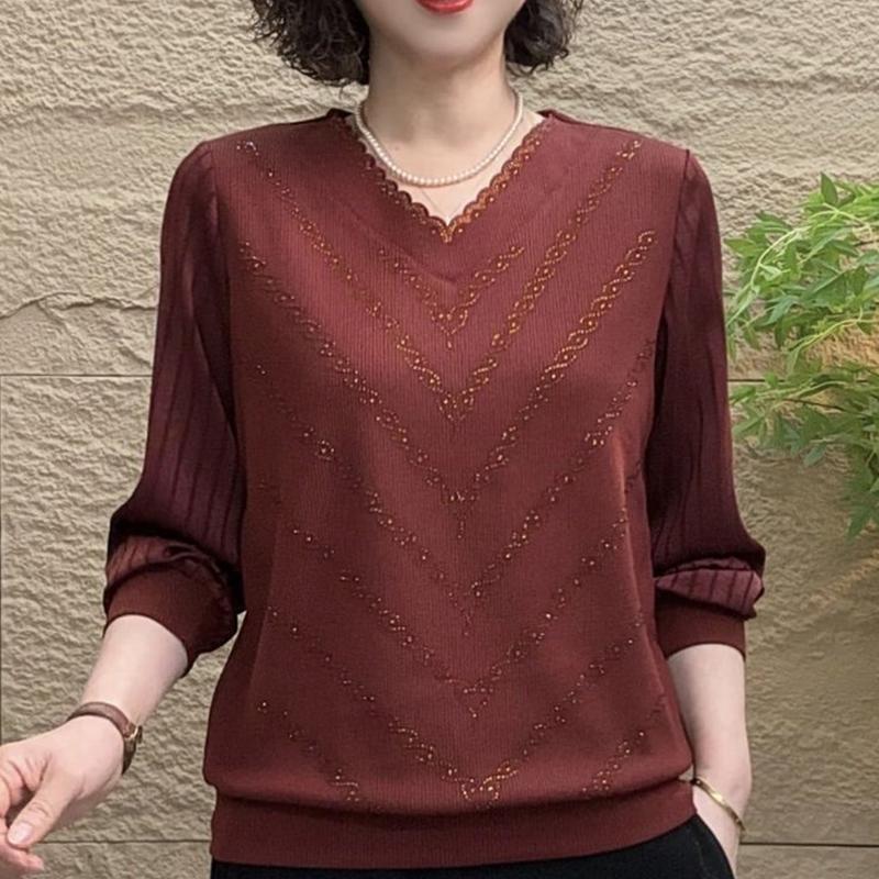 Elegant V-Neck Lace Collar Rhinestone Slimming Long Sleeve Top XL [Recommended 90-105 lbs]