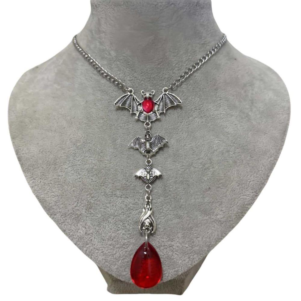 Gothic Exaggerated Sliver Color 4 Vampire Bats Red Teardrop Glass Crystal Pendant Necklace for Men Women Halloween Party Jewelry
