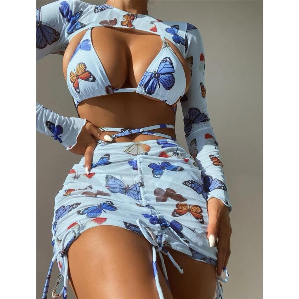 Schmetterling Gedruckt Mit Rock Bikini Frauen Bademode Weiblichen Badeanzug Vier-stück Bikini set Badende Badeanzug Schwimmen Dame