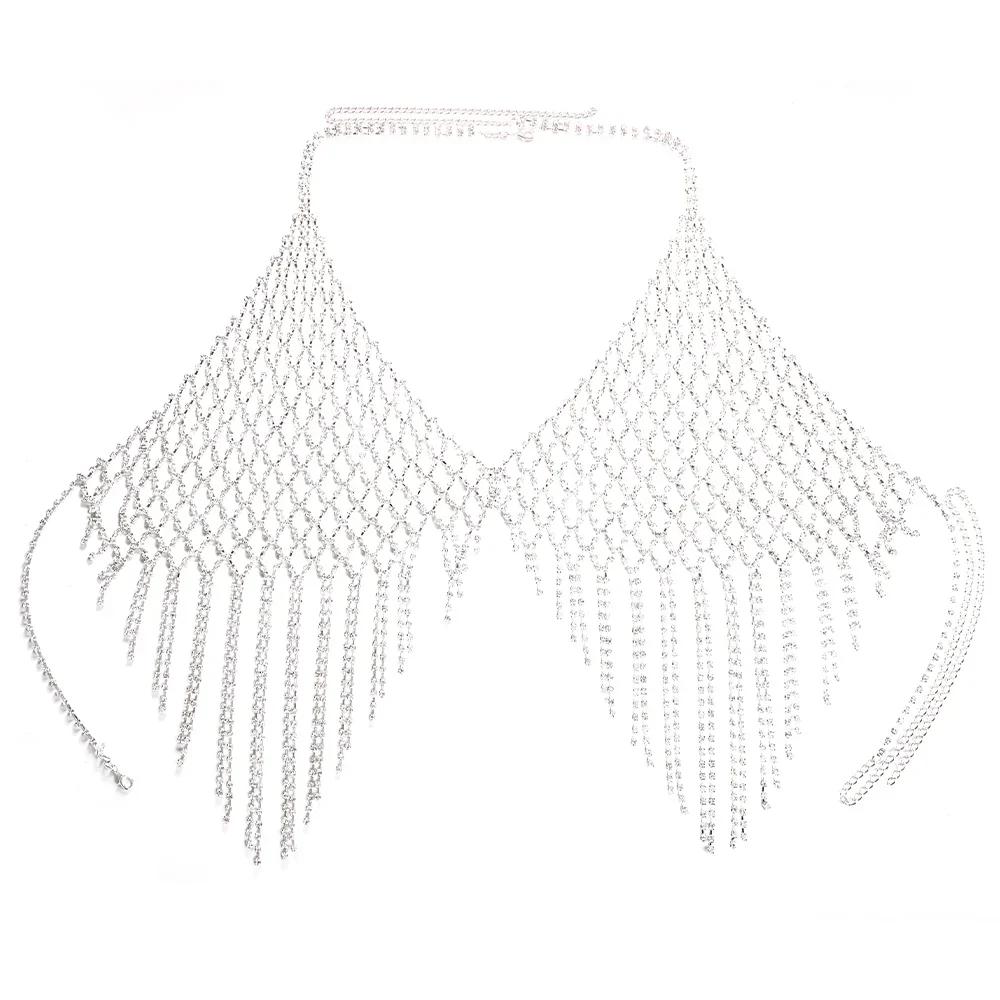 

Mesh Harness Rhinestone Tassel Bra Chain Nightclub Clothing Hollow Festival Tops Crystal Sexy Body Jewelry for Women