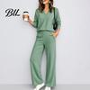 Damen Sportanzüge Sweatshirt Hose 2-teiliges Set, V-Ausschnitt Langarm Oberteil & Weiter Passender Lounge Set Hosen mit Elastischem Bund, Einfarbig