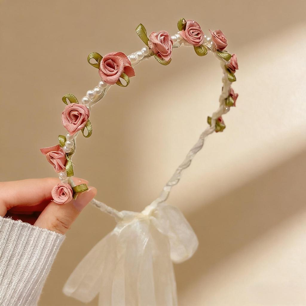 Rose Pearl Headband & Bow Hair Clip - Elegant Floral Ribbon for Bridesmaids & Women's Sweet Style Hair Accessories