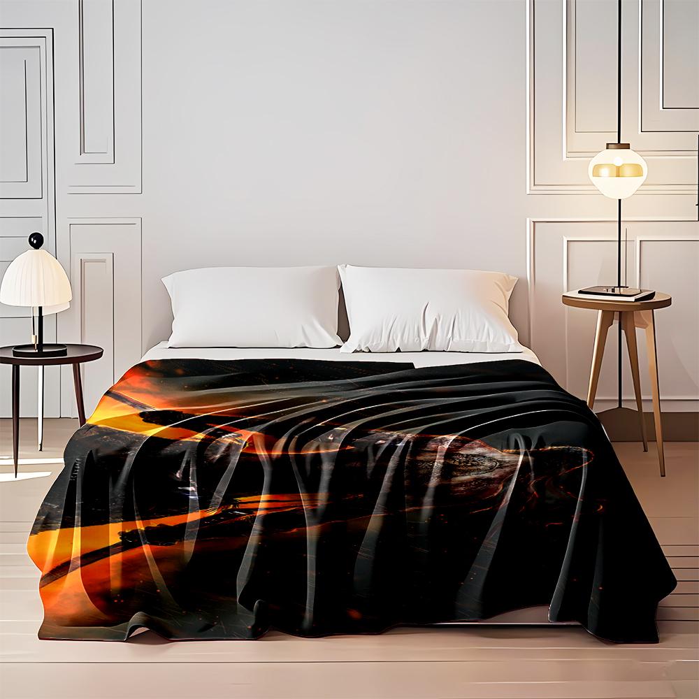 Samurai Warrior with Swords Amidst Flames Flannel blanket for bedroom, living room, sofa, and nap sofas.
