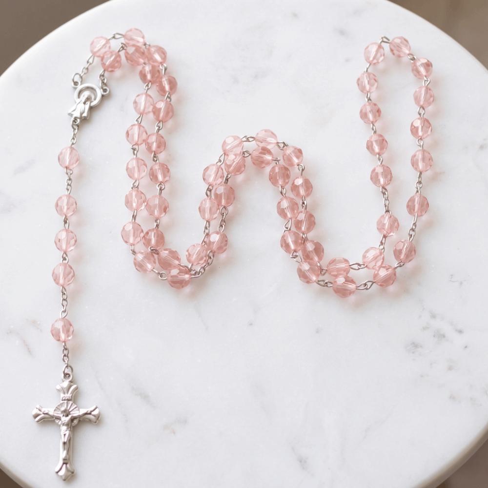 Long Chain Rosary Necklace 8mm Beads Crucifix Pendant Chain Cross Pendant Necklace Lady Jewelry