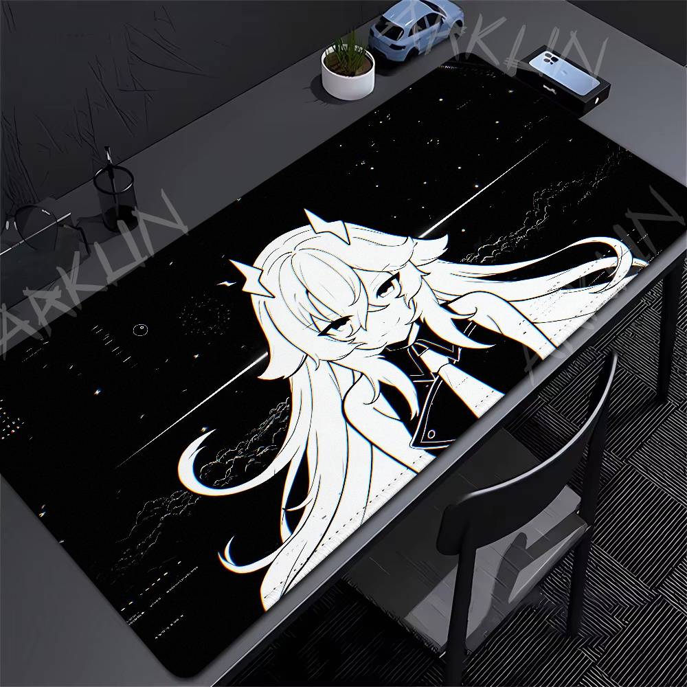 Black White Line Art Anime Girl Mouse Pad Horned Long Hair Girl Dark Cyber Background Nonslip Large Desk Mat For Gaming