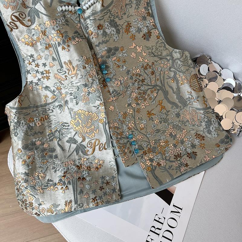 Embroidered vest women 2025 retro button sleeveless vest top